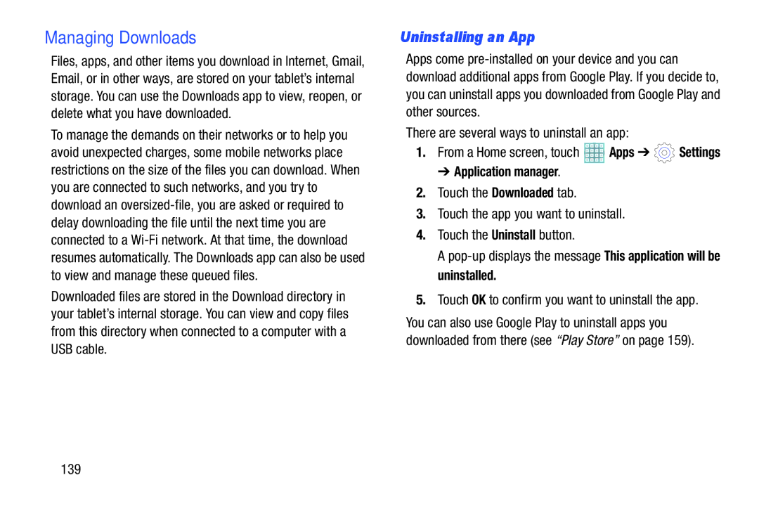 Samsung GT-P5113ZWYXAR user manual Managing Downloads, Uninstalling an App, Application manager, 139 