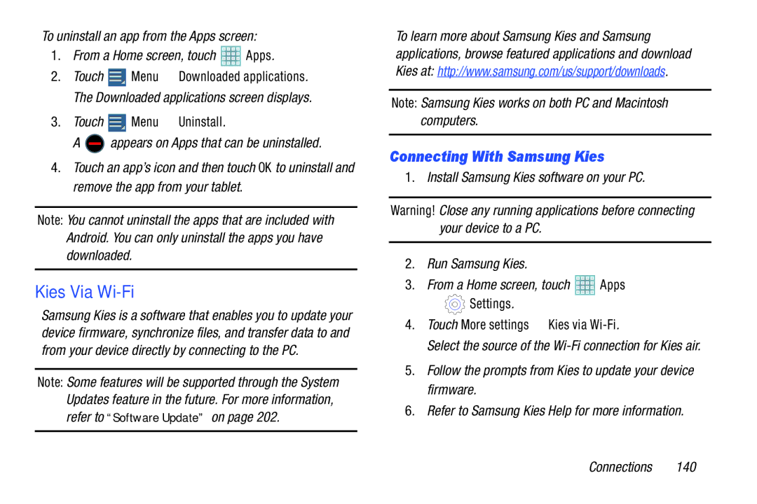 Samsung GT-P5113ZWYXAR user manual Kies Via Wi-Fi, Connecting With Samsung Kies, Touch Menu Uninstall 