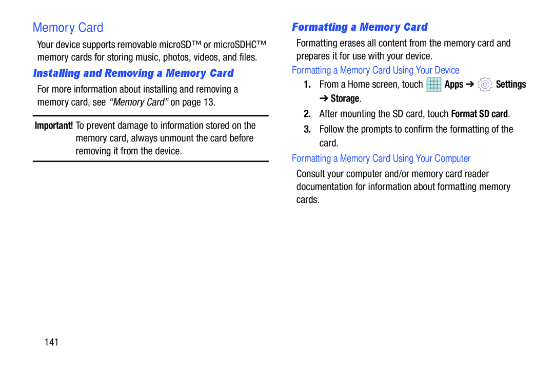 Samsung GT-P5113ZWYXAR user manual Installing and Removing a Memory Card, Formatting a Memory Card, Storage 