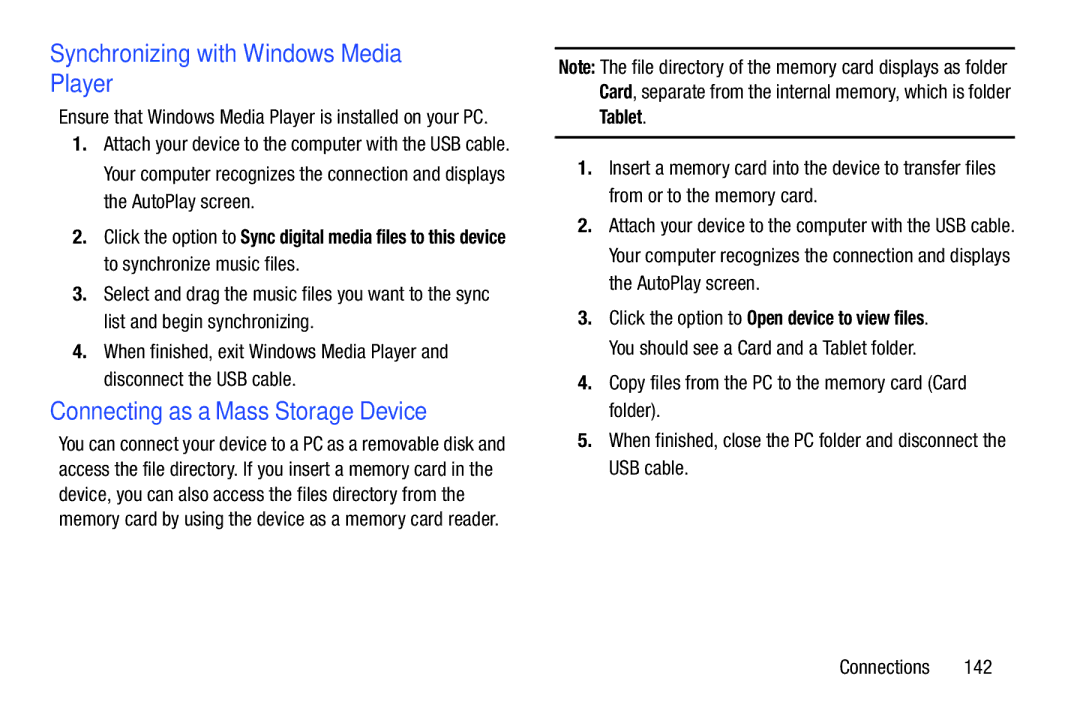 Samsung GT-P5113ZWYXAR user manual Synchronizing with Windows Media Player, Connecting as a Mass Storage Device 