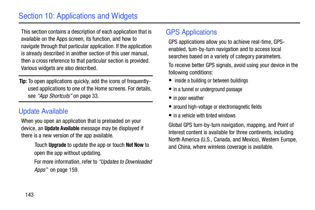 Samsung GT-P5113ZWYXAR user manual Applications and Widgets, Update Available, GPS Applications, 143 