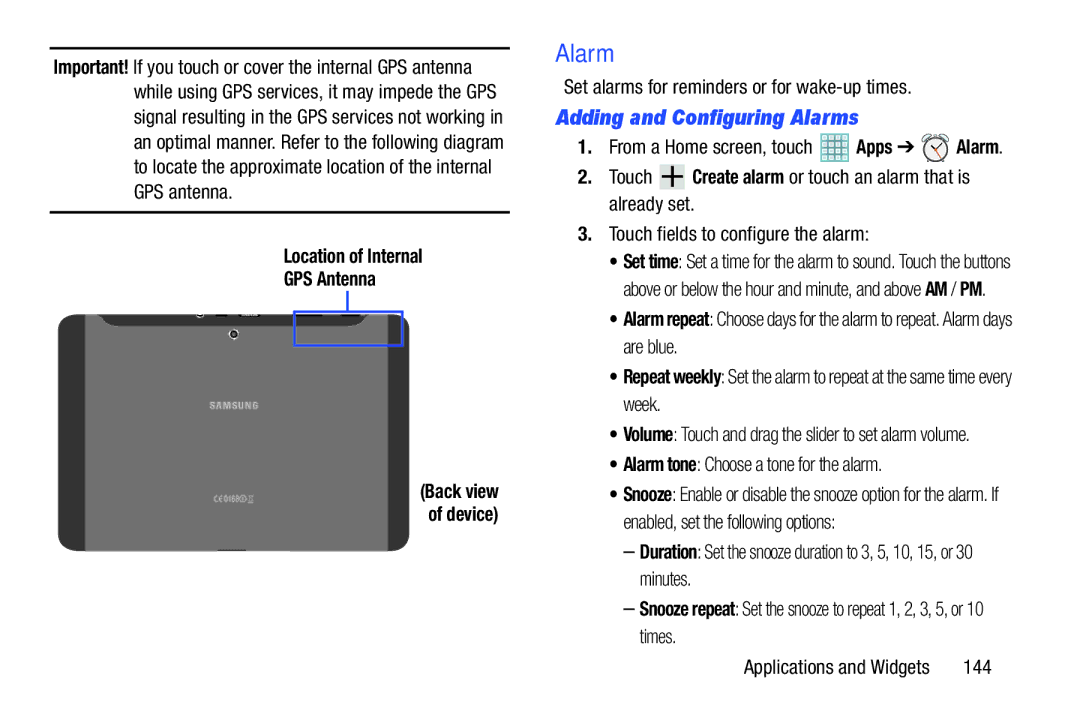 Samsung GT-P5113ZWYXAR user manual Adding and Configuring Alarms, Location of Internal GPS Antenna 