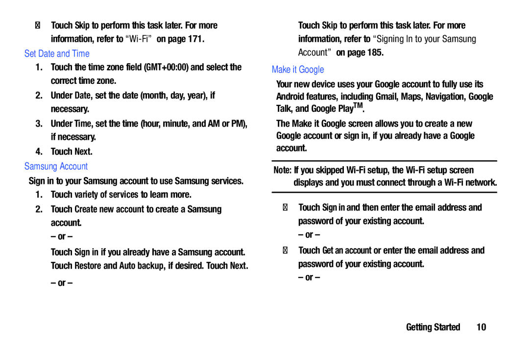 Samsung GT-P5113ZWYXAR Set Date and Time, Samsung Account, Touch variety of services to learn more, Make it Google 