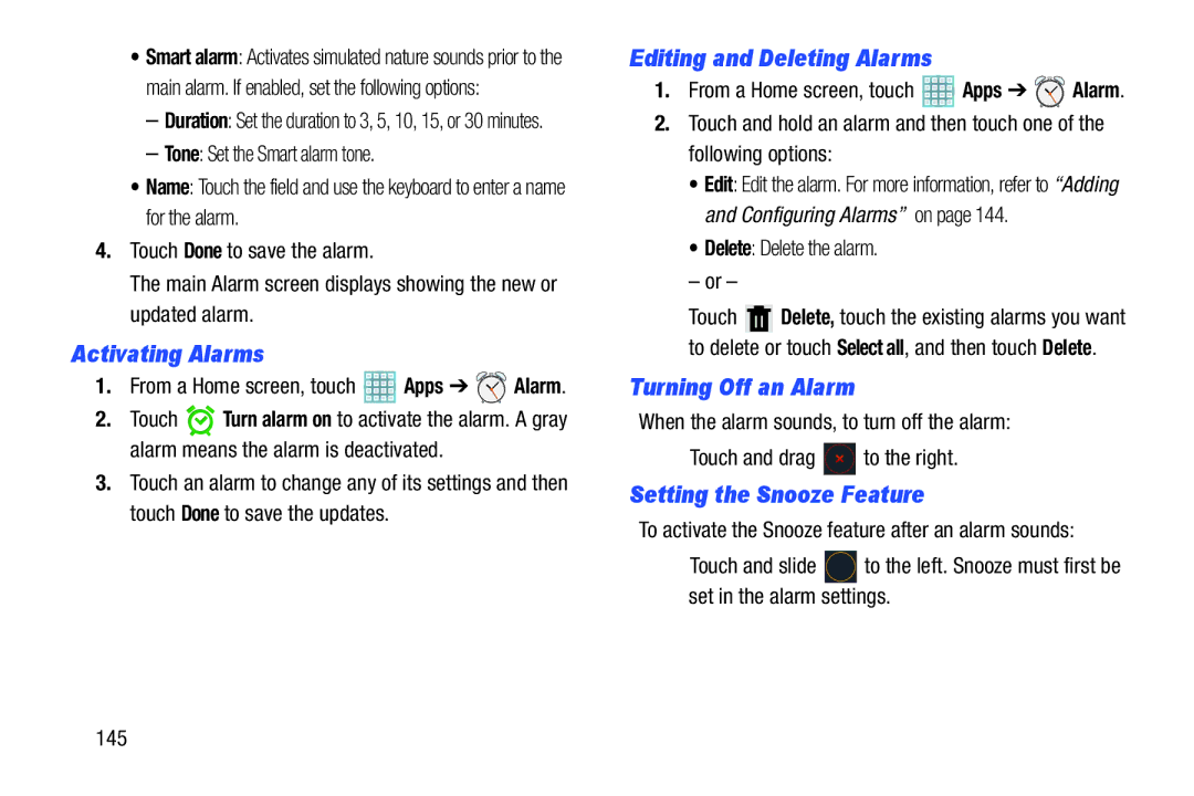 Samsung GT-P5113ZWYXAR Activating Alarms, Editing and Deleting Alarms, Turning Off an Alarm, Setting the Snooze Feature 