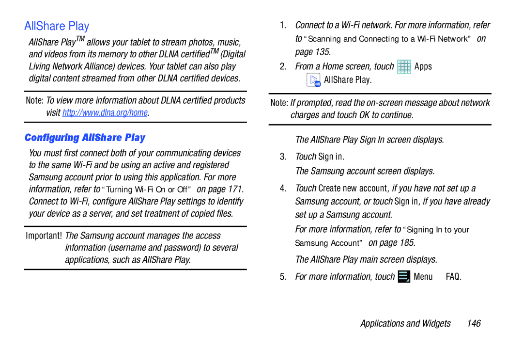 Samsung GT-P5113ZWYXAR user manual Configuring AllShare Play, 146 