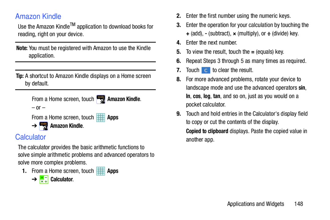 Samsung GT-P5113ZWYXAR user manual Amazon Kindle, Calculator 