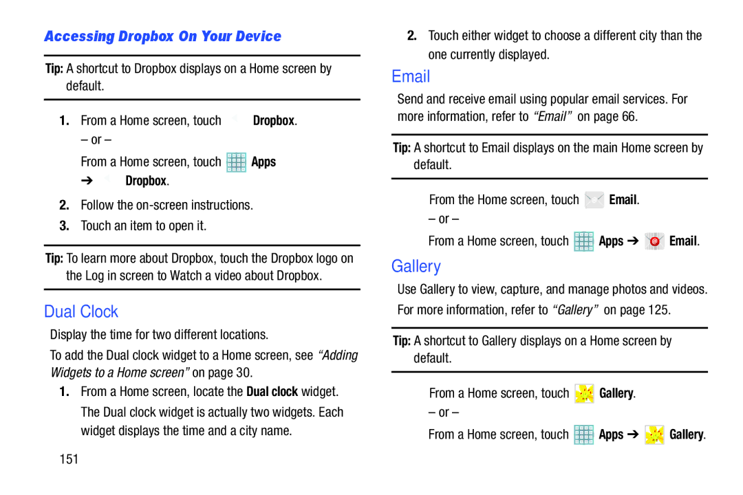 Samsung GT-P5113ZWYXAR user manual Dual Clock, Accessing Dropbox On Your Device 