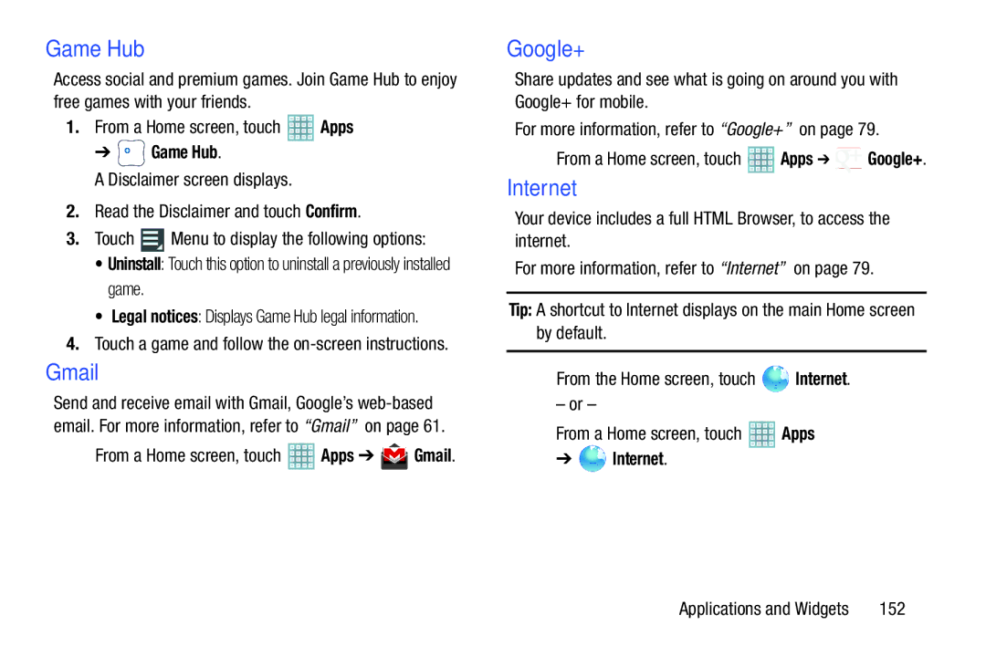 Samsung GT-P5113ZWYXAR user manual Game Hub, Internet, 152,  From a Home screen, touch Apps Google+ 