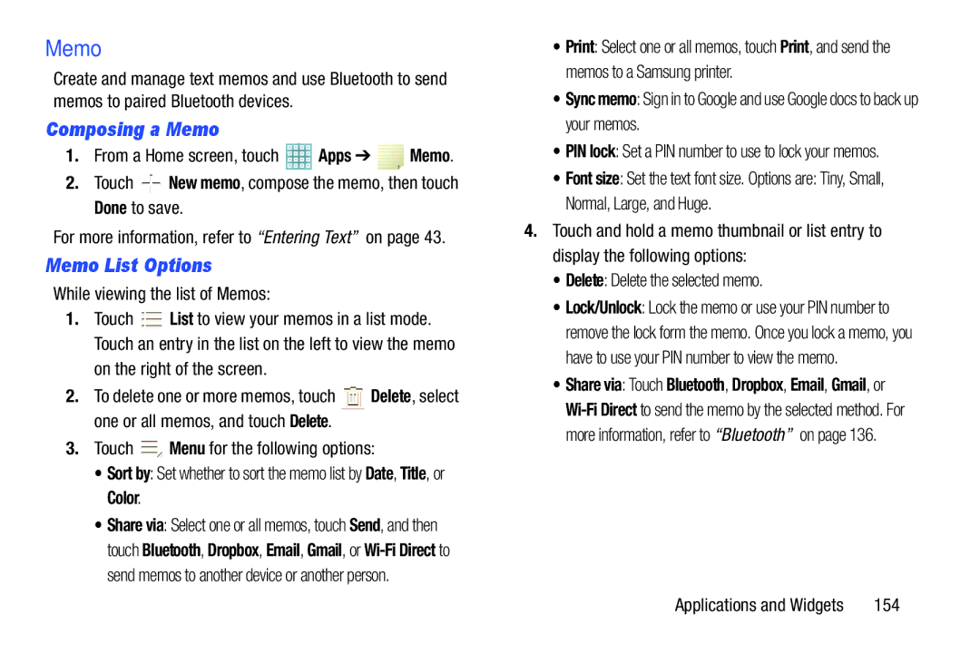 Samsung GT-P5113ZWYXAR user manual Composing a Memo, Memo List Options 