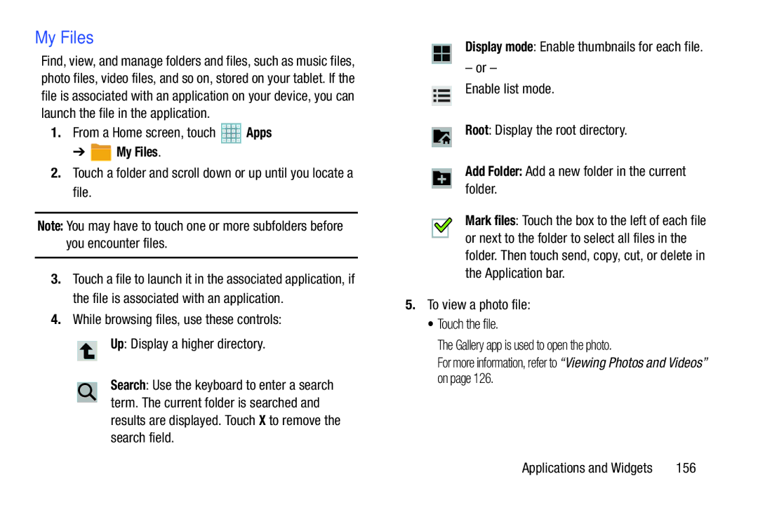 Samsung GT-P5113ZWYXAR user manual My Files, 156, Display mode Enable thumbnails for each file 