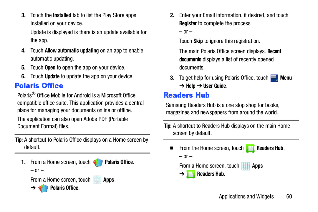 Samsung GT-P5113ZWYXAR user manual Polaris Office, Readers Hub 