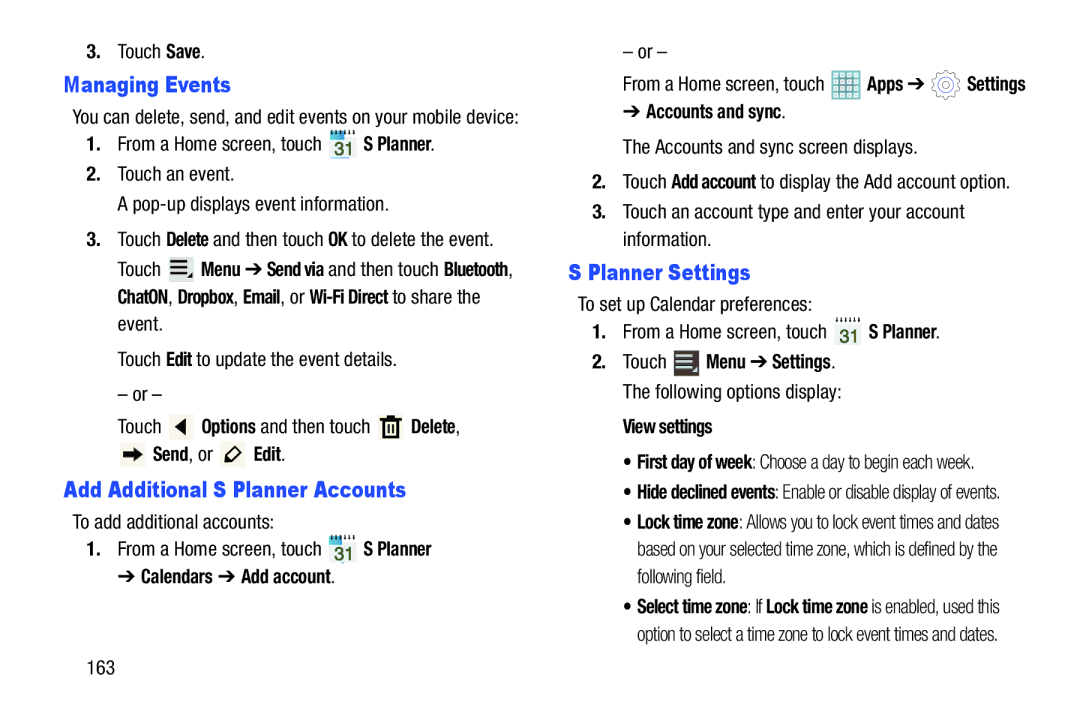 Samsung GT-P5113ZWYXAR user manual Managing Events, Add Additional S Planner Accounts, Planner Settings 