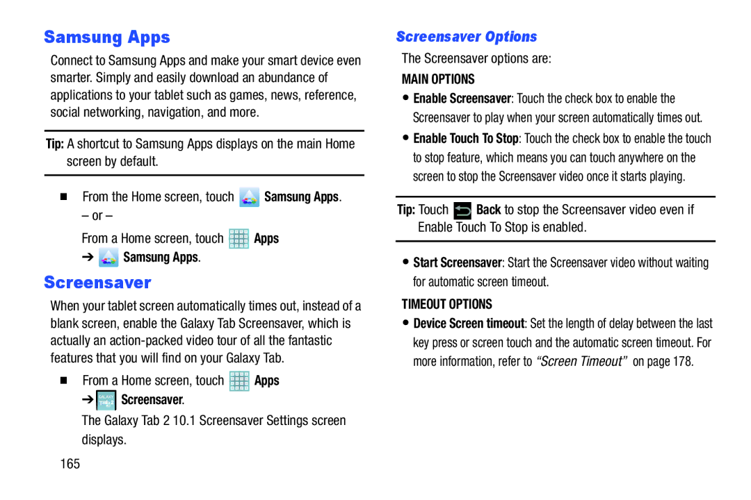 Samsung GT-P5113ZWYXAR user manual Samsung Apps, Screensaver Options 