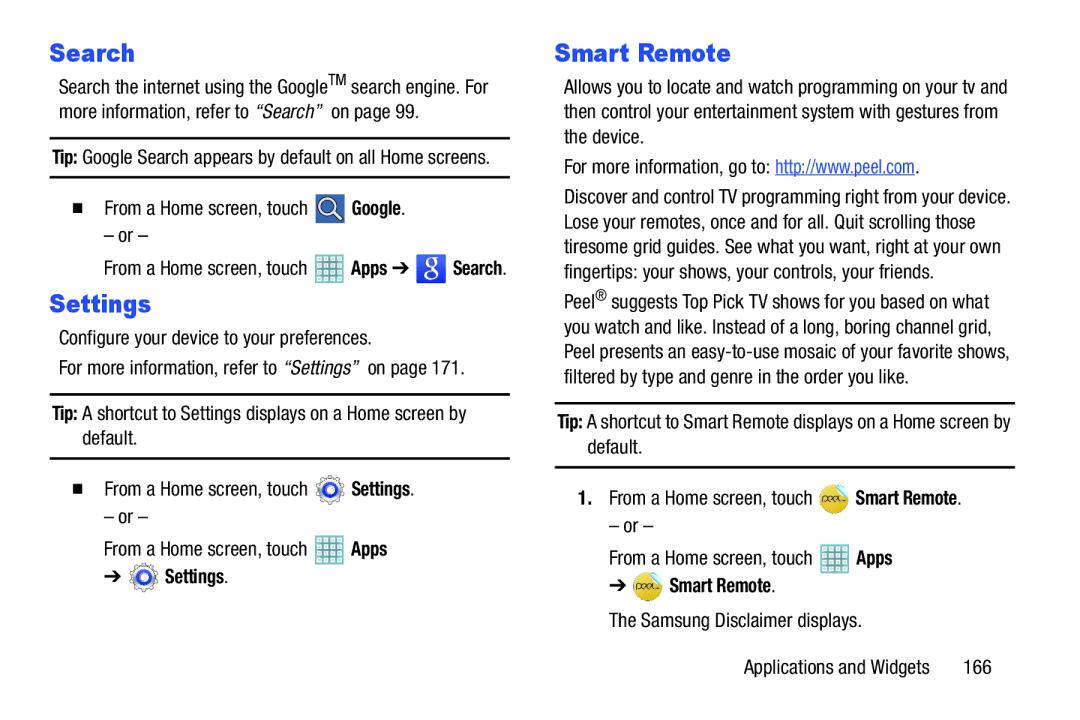 Samsung GT-P5113ZWYXAR user manual Settings, Apps Smart Remote, Samsung Disclaimer displays, 166 