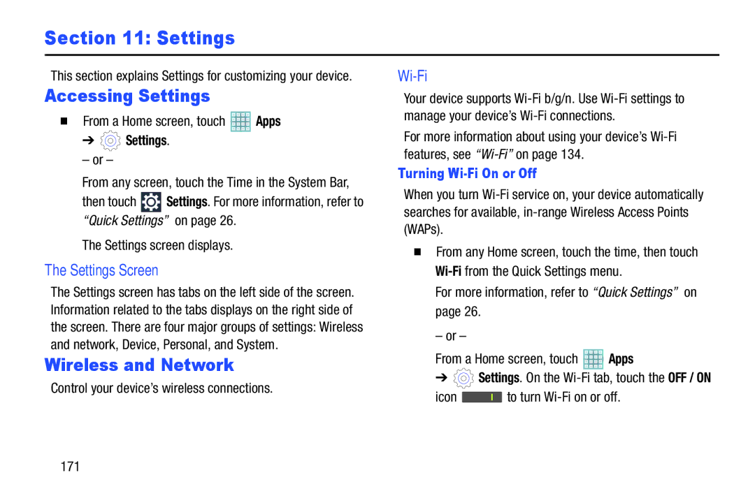 Samsung GT-P5113ZWYXAR user manual Accessing Settings, Wireless and Network, Settings Screen, Wi-Fi 