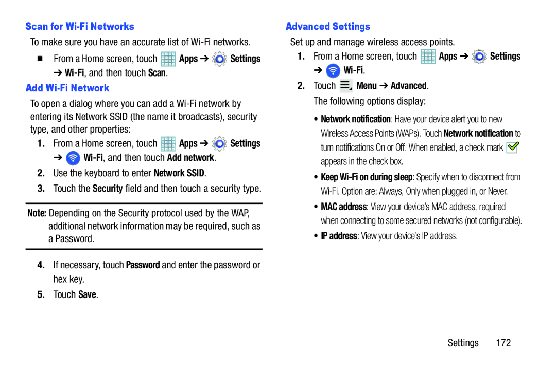 Samsung GT-P5113ZWYXAR user manual Scan for Wi-Fi Networks, Add Wi-Fi Network, Advanced Settings 