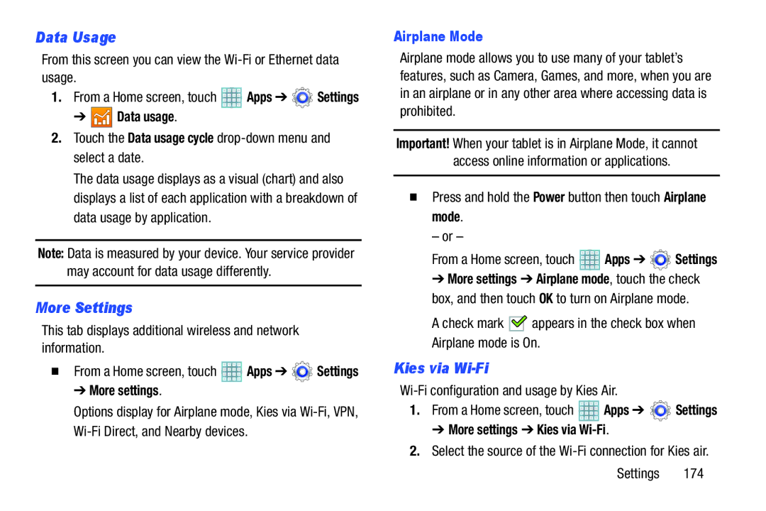 Samsung GT-P5113ZWYXAR user manual Data Usage, More Settings, Kies via Wi-Fi, Airplane Mode 