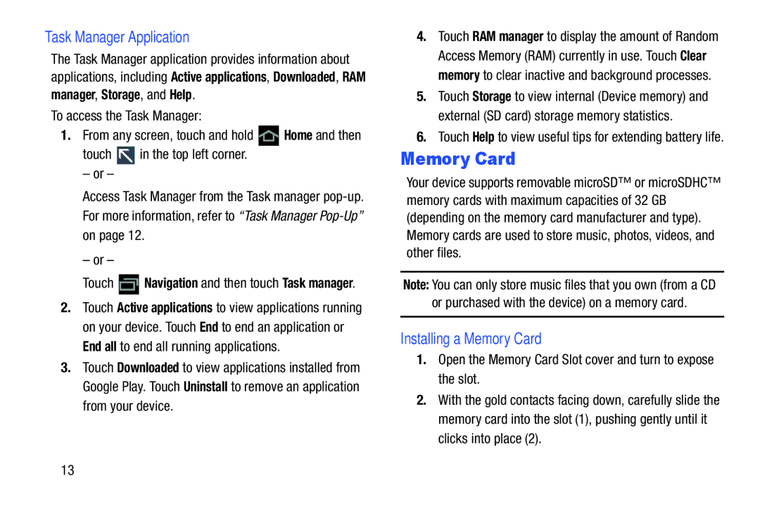 Samsung GT-P5113ZWYXAR user manual Task Manager Application, Installing a Memory Card 