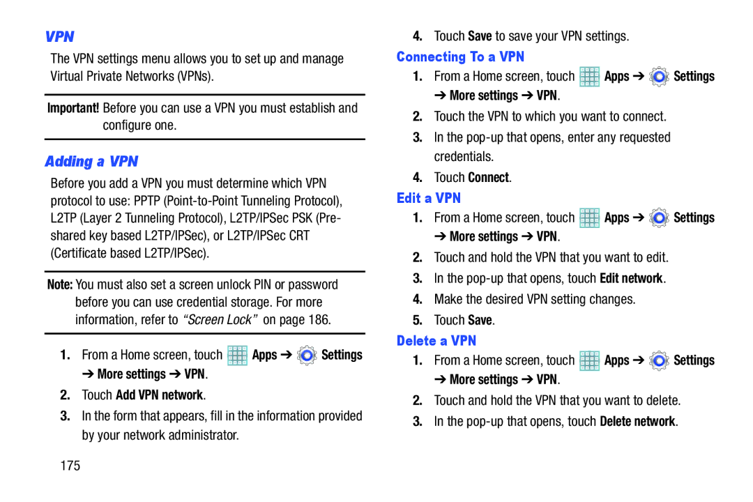 Samsung GT-P5113ZWYXAR user manual Adding a VPN, Connecting To a VPN, Edit a VPN, Delete a VPN 