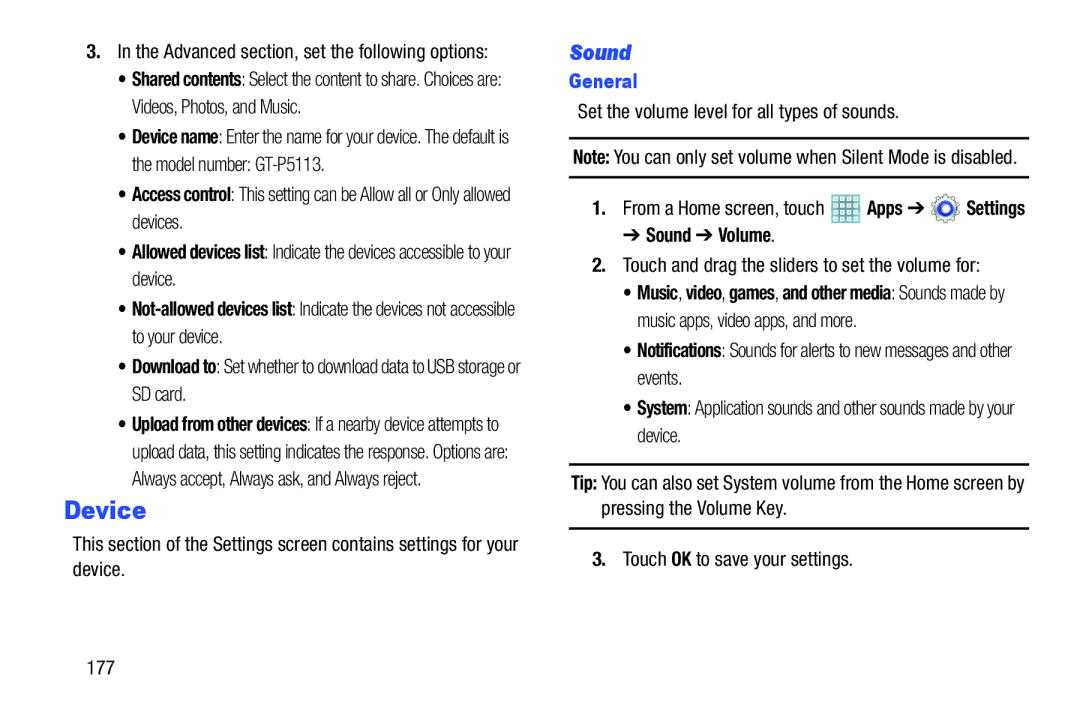 Samsung GT-P5113ZWYXAR user manual Device, General, Sound Volume 