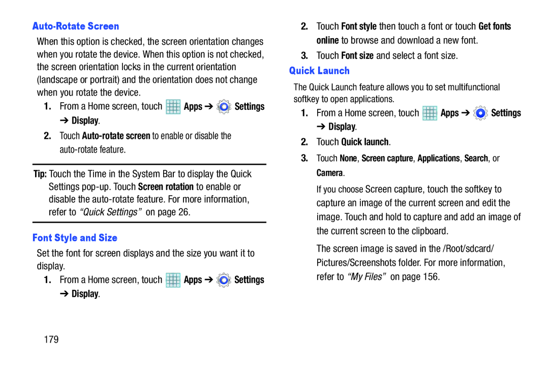 Samsung GT-P5113ZWYXAR user manual Auto-Rotate Screen, Font Style and Size, Quick Launch, Display Touch Quick launch 