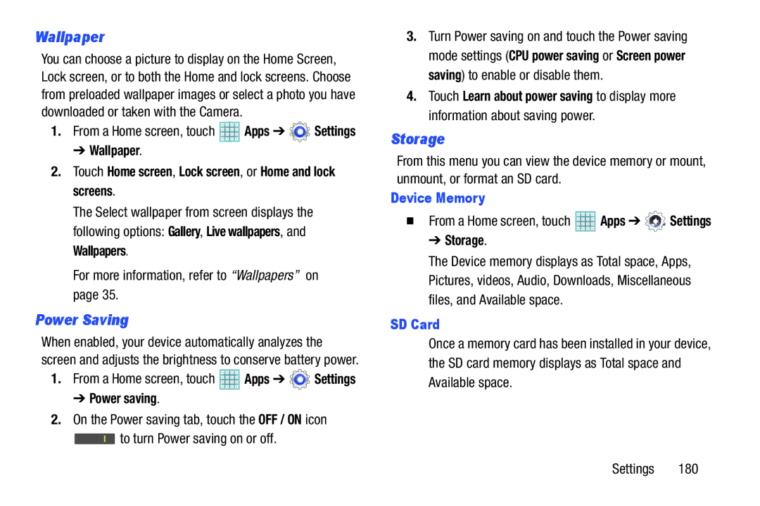 Samsung GT-P5113ZWYXAR user manual Wallpaper, Power Saving, Storage, Device Memory, SD Card 