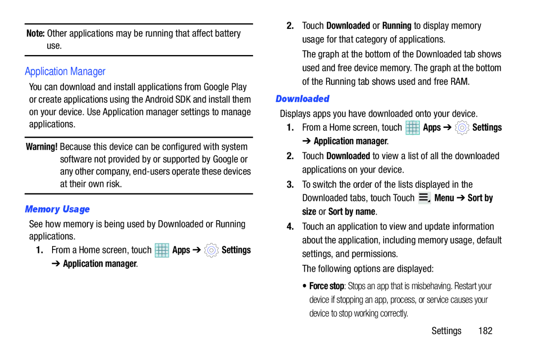 Samsung GT-P5113ZWYXAR Application Manager, Memory Usage, Downloaded, Displays apps you have downloaded onto your device 