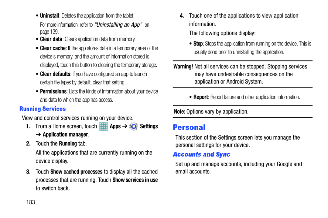 Samsung GT-P5113ZWYXAR user manual Personal, Accounts and Sync, For more information, refer to Uninstalling an App on 