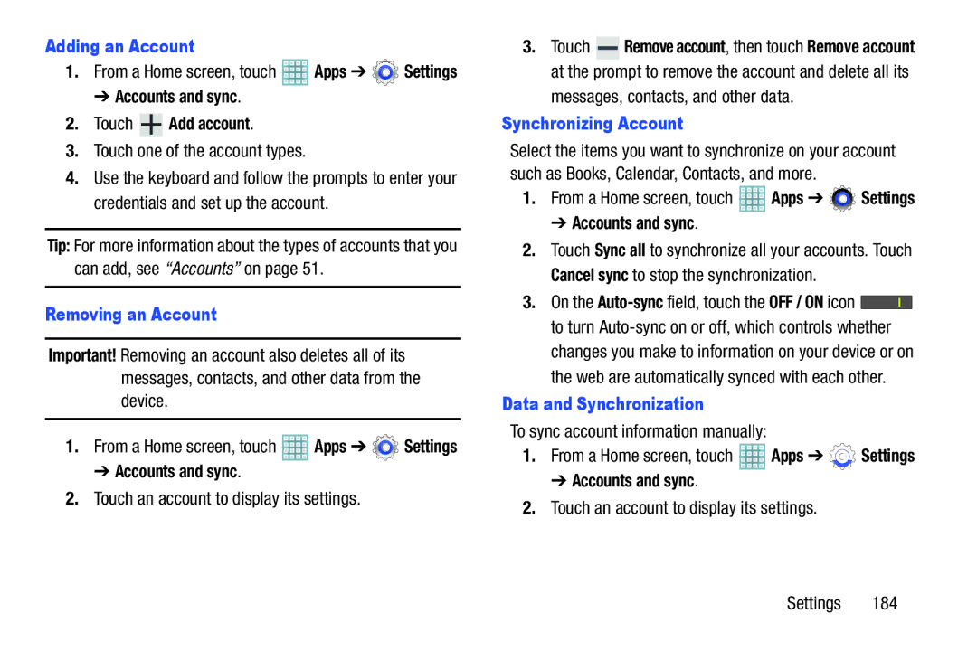 Samsung GT-P5113ZWYXAR Adding an Account, Accounts and sync Touch Add account, Removing an Account, Synchronizing Account 