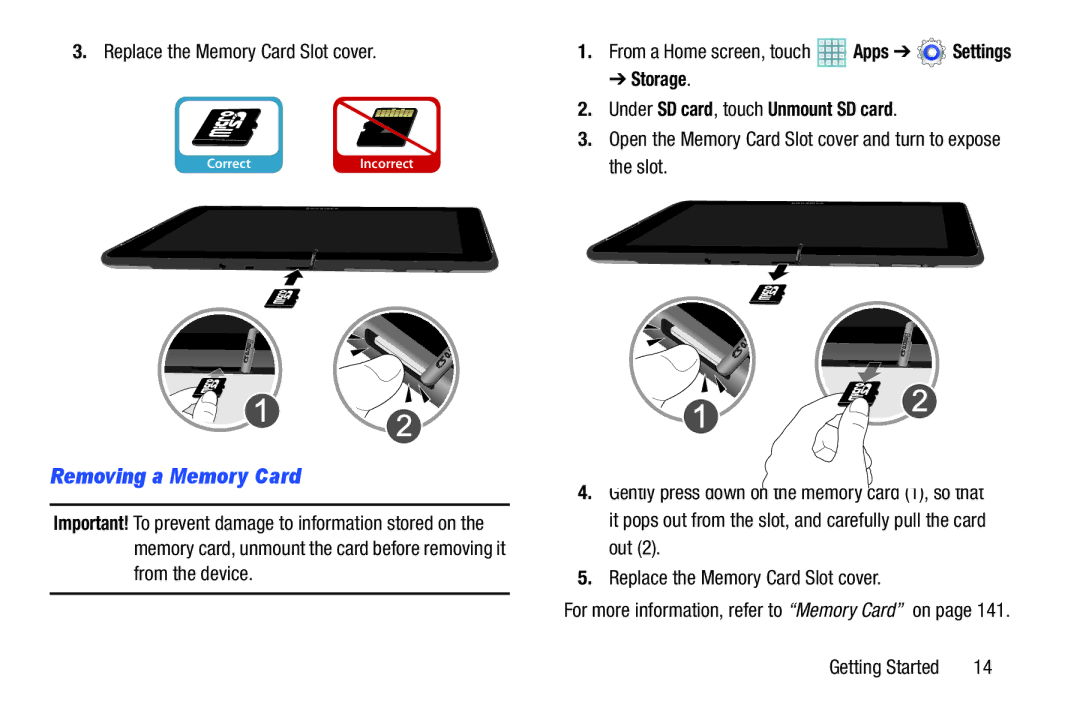 Samsung GT-P5113ZWYXAR Removing a Memory Card, Replace the Memory Card Slot cover, From a Home screen, touch Apps Settings 