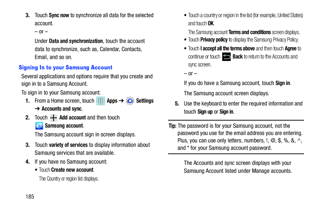 Samsung GT-P5113ZWYXAR user manual Signing In to your Samsung Account, Samsung account 