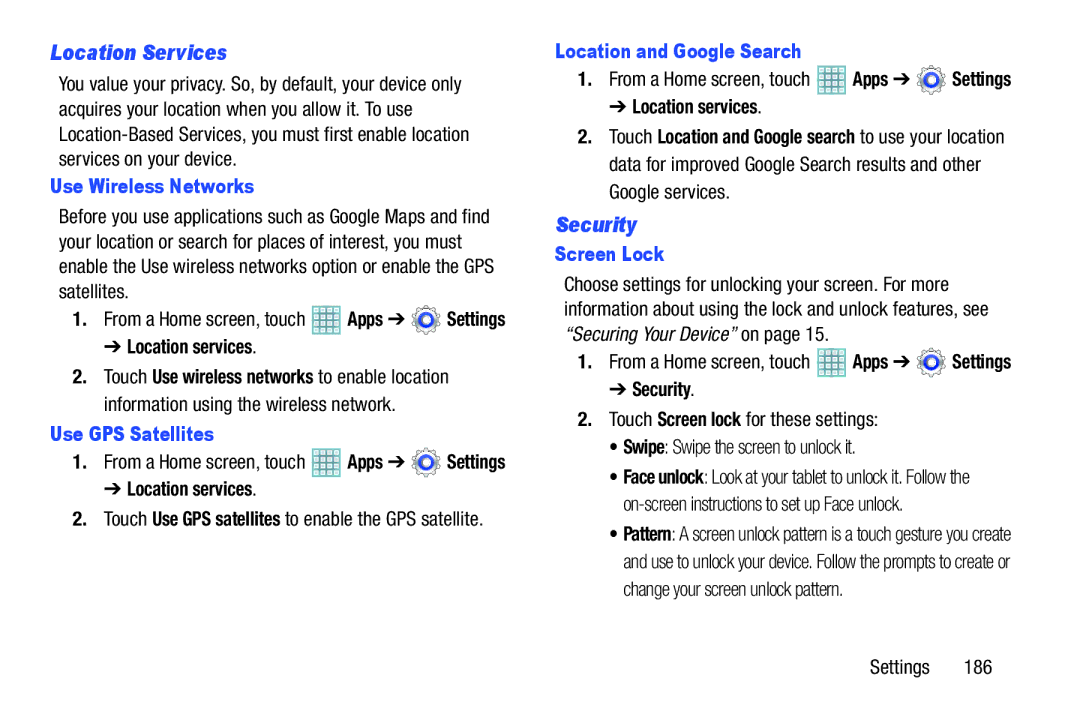 Samsung GT-P5113ZWYXAR user manual Location Services, Security 