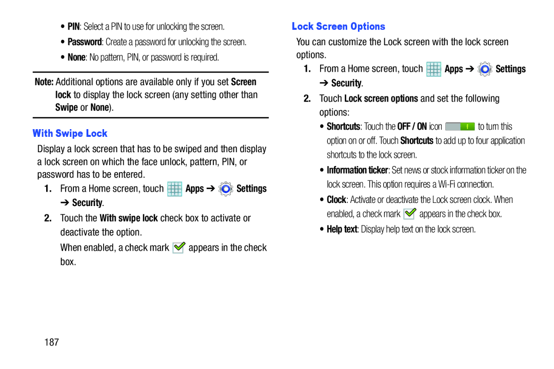 Samsung GT-P5113ZWYXAR user manual None No pattern, PIN, or password is required, With Swipe Lock, Lock Screen Options 