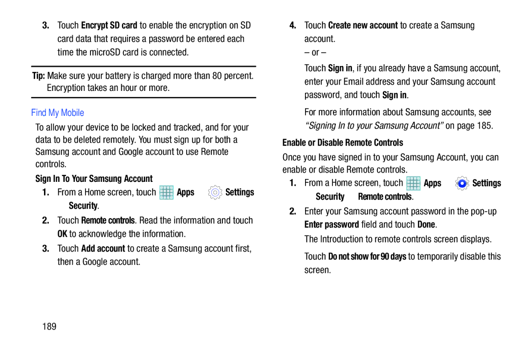 Samsung GT-P5113ZWYXAR user manual Find My Mobile, Sign In To Your Samsung Account, Enable or Disable Remote Controls, 189 