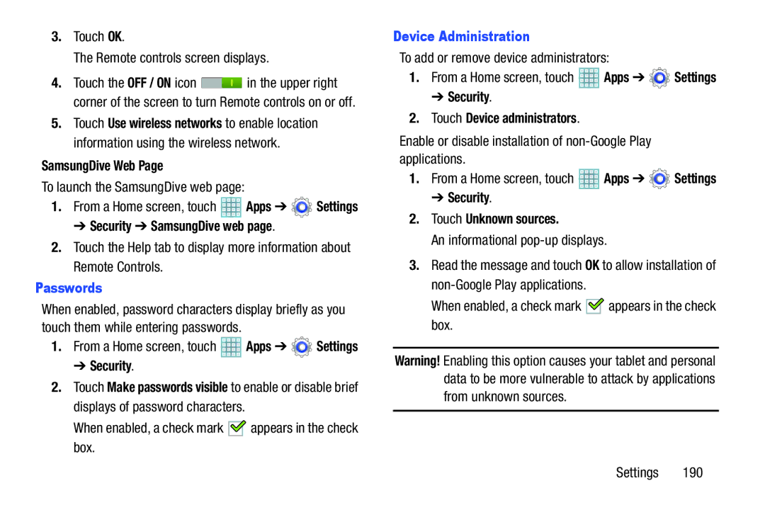 Samsung GT-P5113ZWYXAR user manual Passwords, Device Administration 