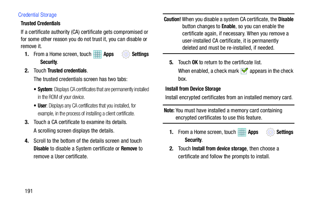 Samsung GT-P5113ZWYXAR user manual Credential Storage, Trusted Credentials, Security Touch Trusted credentials 