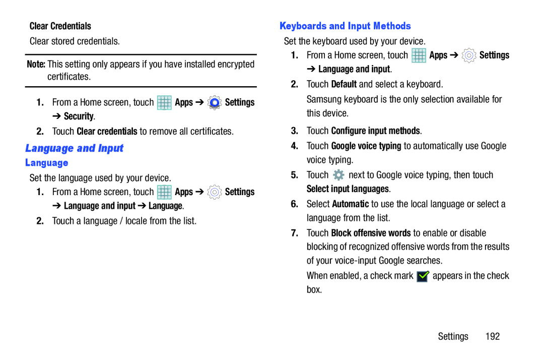 Samsung GT-P5113ZWYXAR user manual Language and Input, Keyboards and Input Methods 