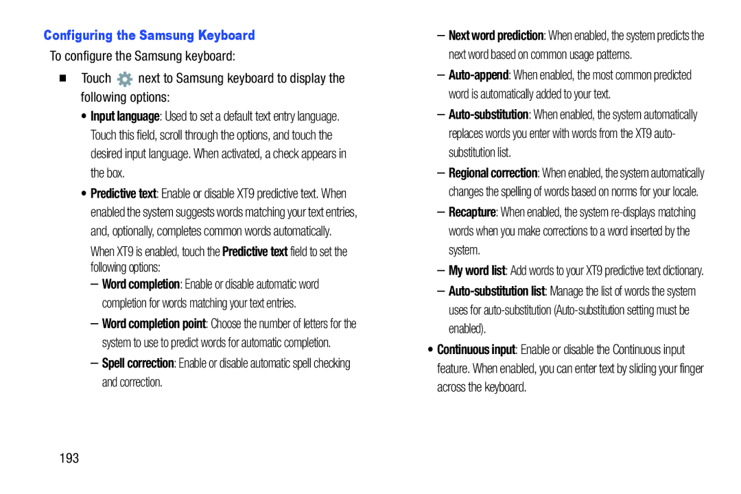 Samsung GT-P5113ZWYXAR user manual Configuring the Samsung Keyboard, 193 