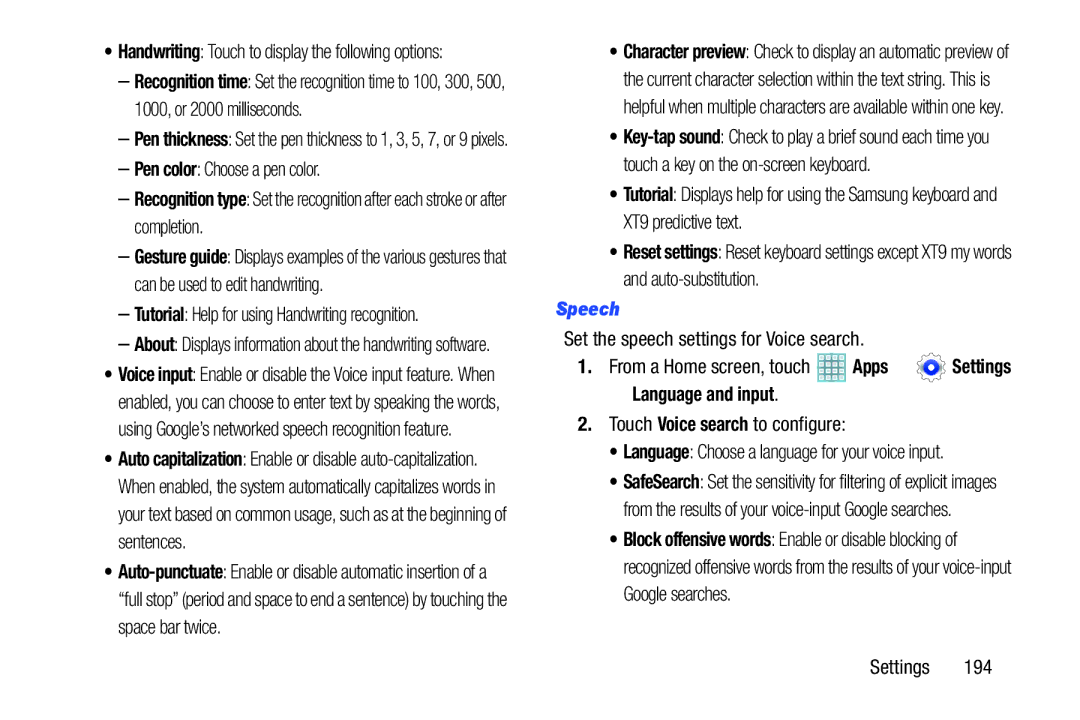 Samsung GT-P5113ZWYXAR user manual Speech, Set the speech settings for Voice search, Touch Voice search to configure 