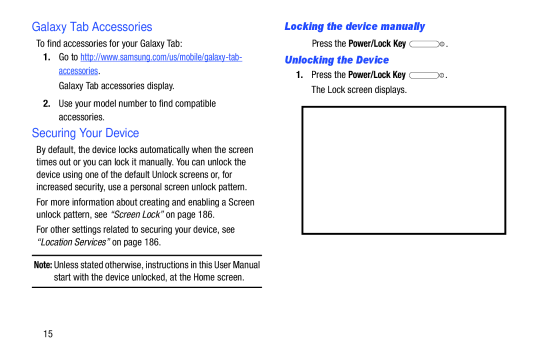 Samsung GT-P5113ZWYXAR Galaxy Tab Accessories, Securing Your Device, Locking the device manually, Unlocking the Device 