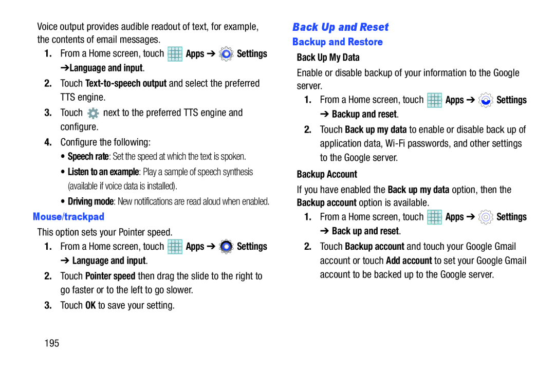 Samsung GT-P5113ZWYXAR user manual Back Up and Reset, Mouse/trackpad 