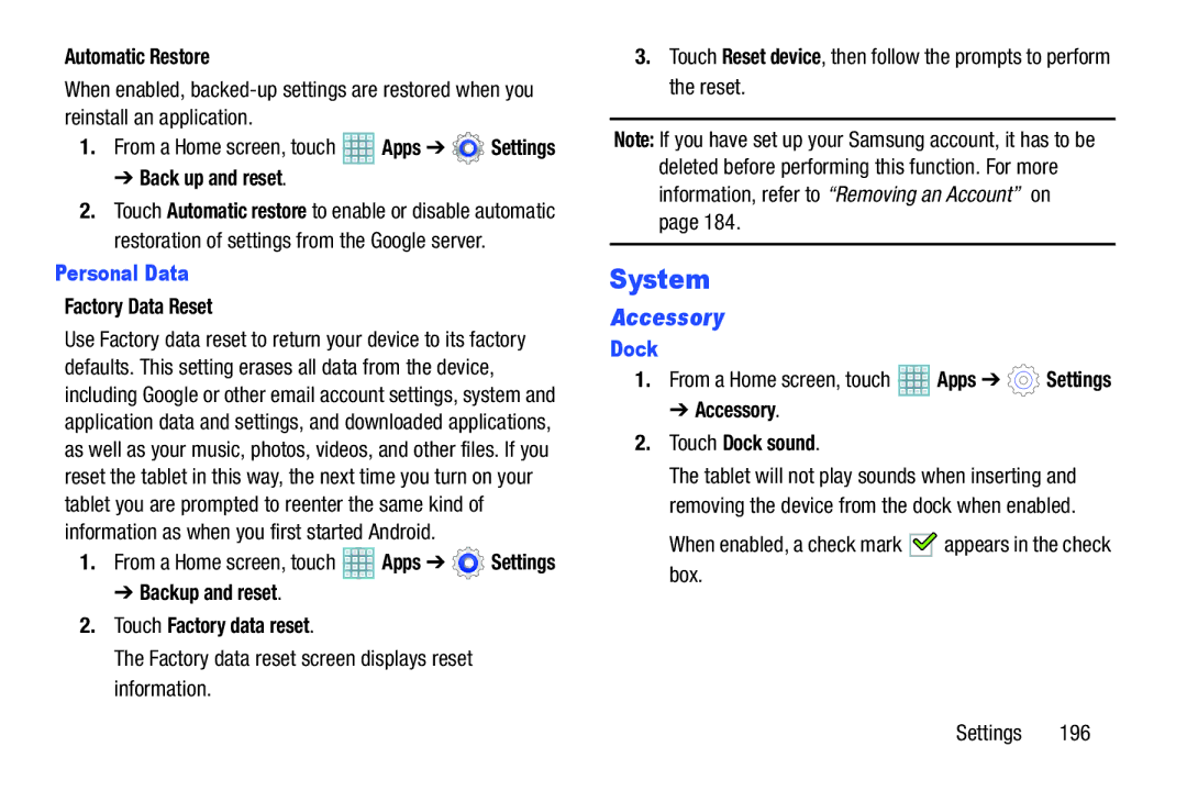 Samsung GT-P5113ZWYXAR user manual System, Accessory, Personal Data, Dock 