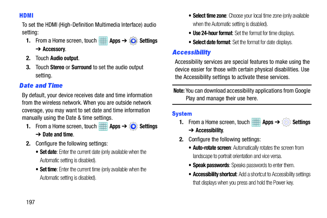 Samsung GT-P5113ZWYXAR user manual Date and Time, Accessibility, Accessory Touch Audio output, Date and time 