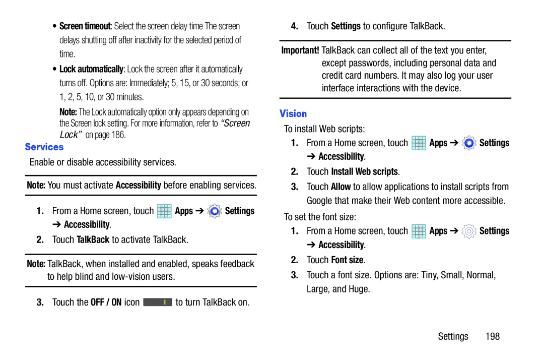 Samsung GT-P5113ZWYXAR user manual Services, Vision, Accessibility Touch Install Web scripts, Accessibility Touch Font size 