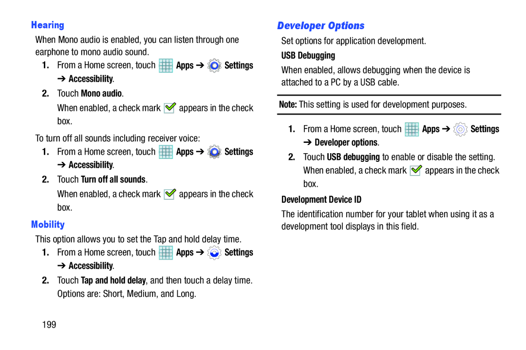 Samsung GT-P5113ZWYXAR user manual Developer Options, Hearing, Mobility 