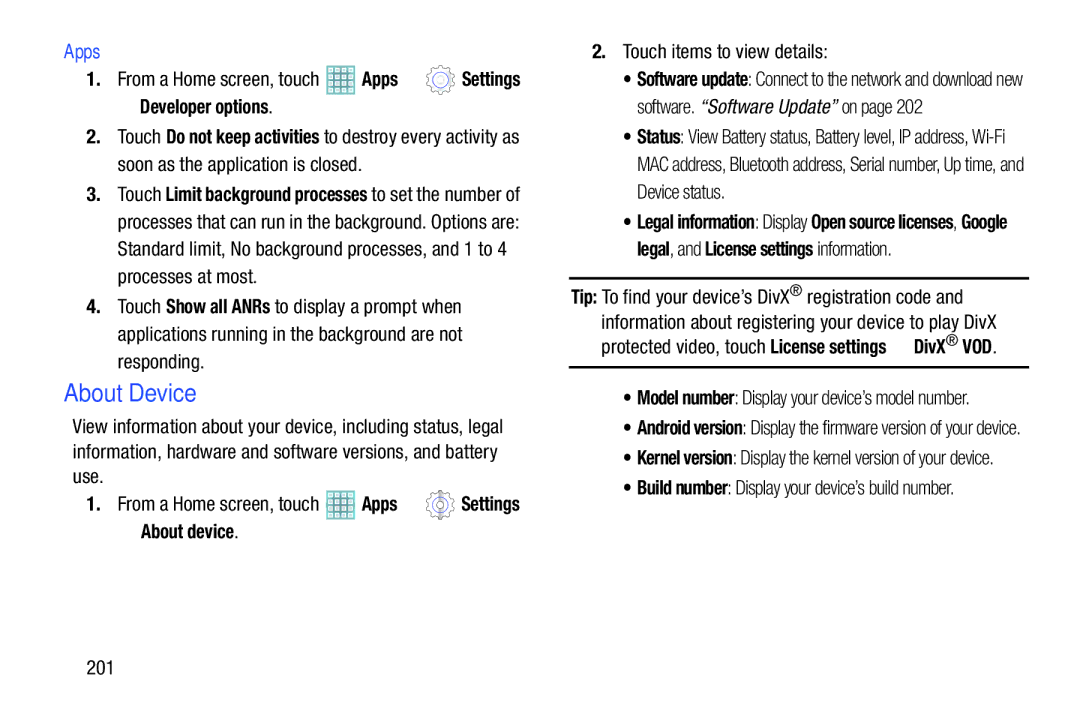 Samsung GT-P5113ZWYXAR user manual About Device, Apps, About device, Touch items to view details, 201 