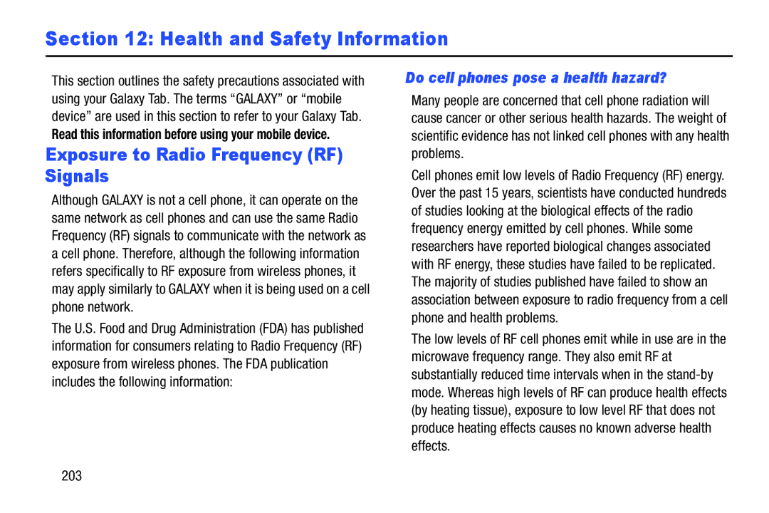 Samsung GT-P5113ZWYXAR user manual Health and Safety Information, Exposure to Radio Frequency RF Signals 