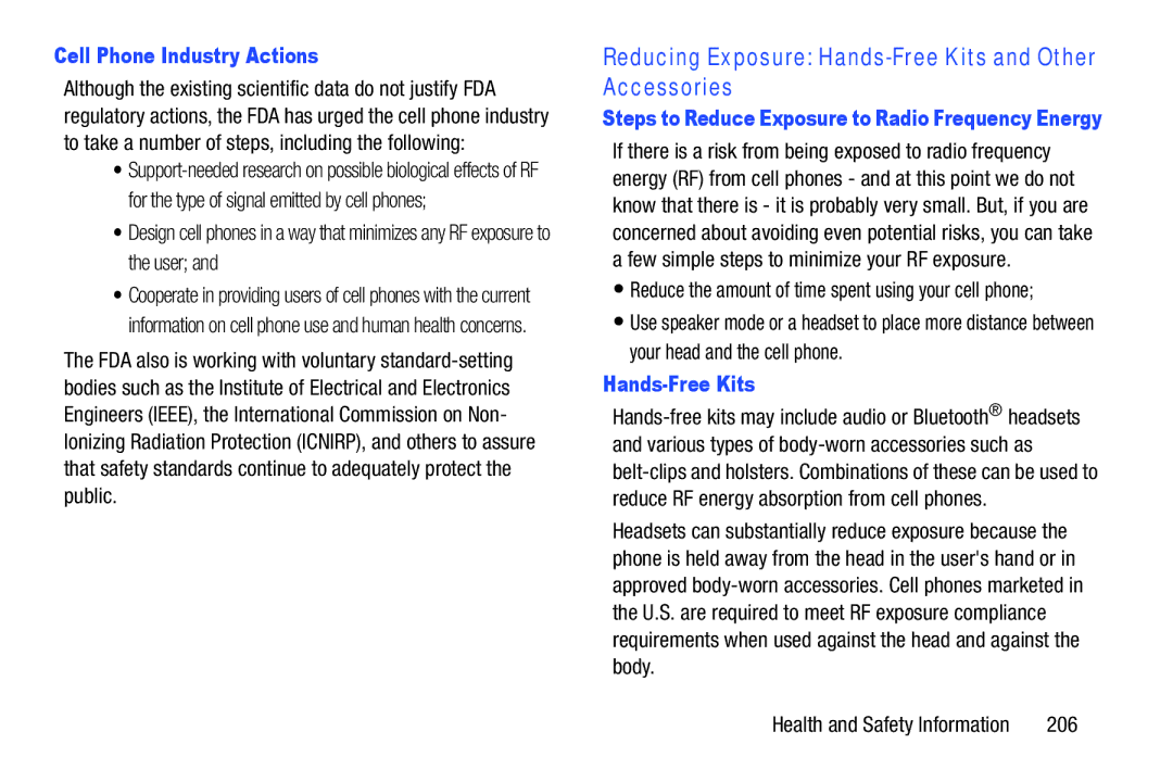 Samsung GT-P5113ZWYXAR Reducing Exposure Hands-Free Kits and Other Accessories, Cell Phone Industry Actions, 206 