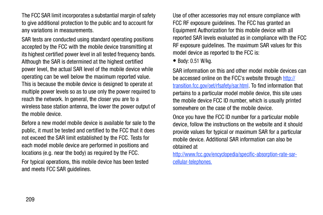 Samsung GT-P5113ZWYXAR user manual Body 0.51 W/kg, 209 