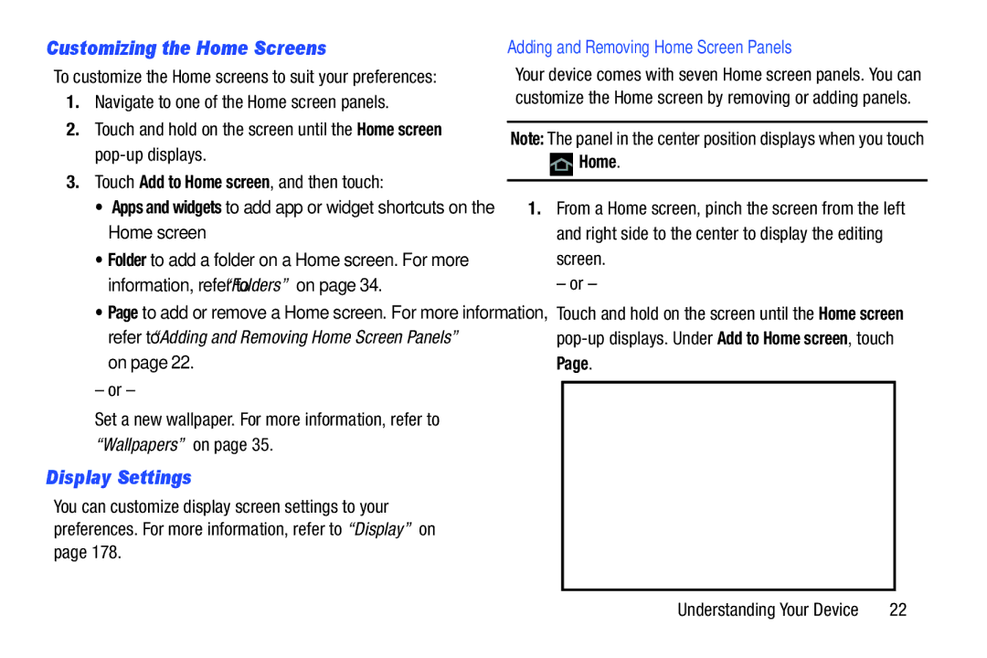 Samsung GT-P5113ZWYXAR user manual Customizing the Home Screens, Display Settings, Adding and Removing Home Screen Panels 